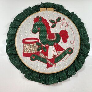 Handmade Christmas Rocking Horse Joy Drum Ruffled Edge Wall Art Embroidery Hoop